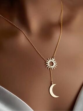 NEW! Elegant Gold Sun and Crescent Moon Lariat Necklace. Sun & Moon ☀️🌙 A6-211